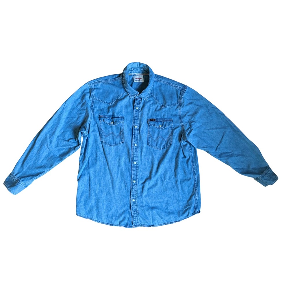 Wrangler Men Blue Denim Western Long Sleeve Button Down Shirt XL Cowboy Workwear
